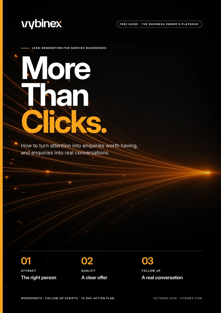 Cover of More Than Clicks, a Vybinex lead-generation playbook for service businesses