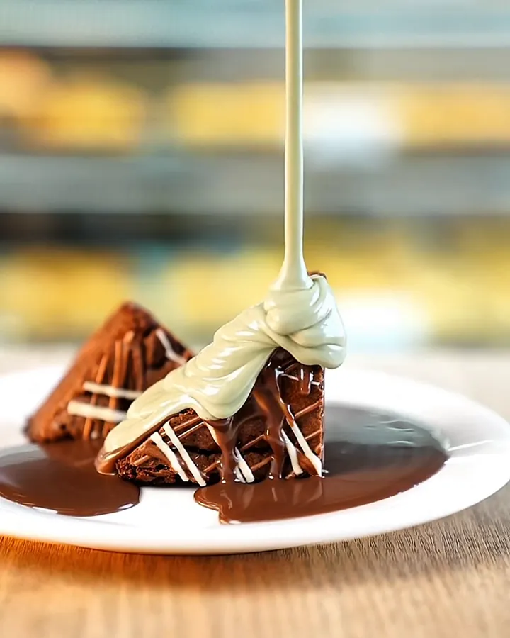 Close-up of a dessert being finished with a sauce pour, filmed for a food client